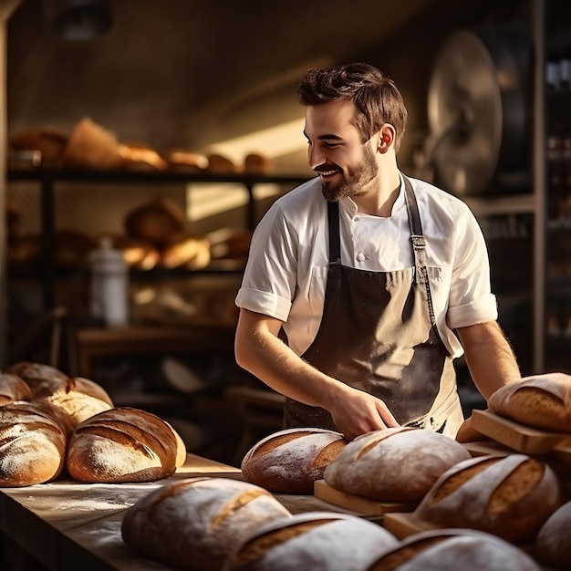 Young male baker standing in his bakery baking fresh bread photorealistic