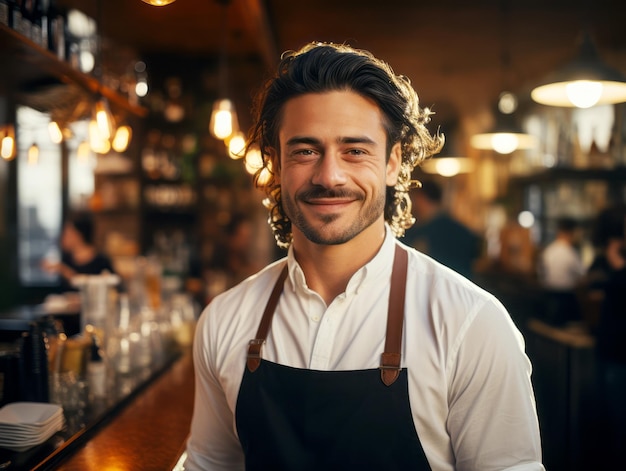 A young male bartender with a friendly smile stands in a warmly lit bar conveying a welcoming atmosphere Generative AI