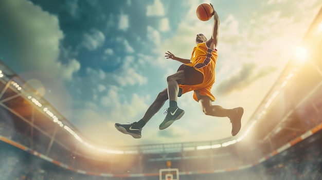 Young male basketball player in action He is jumping high in the air to score a slam dunk The background is a large stadium with the lights on