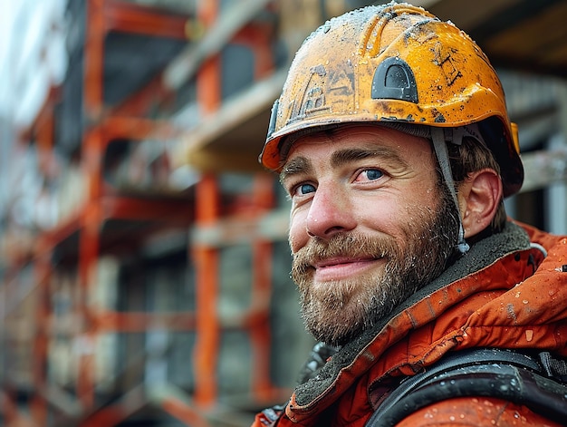 Young male builder smiling against the building a house