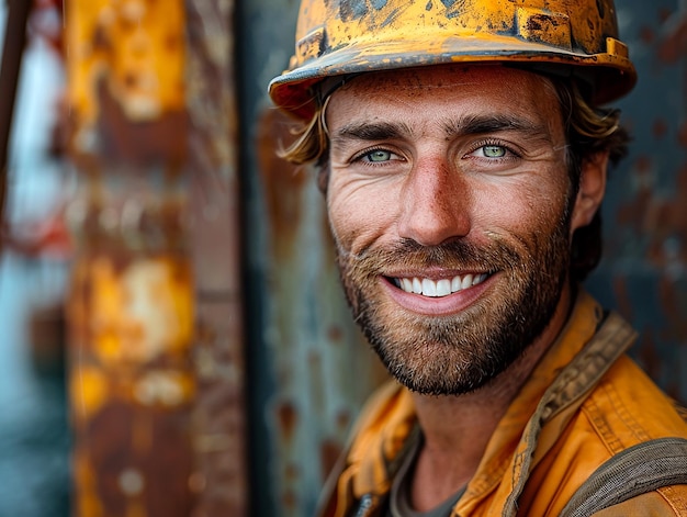 Young male builder smiling against the building a house