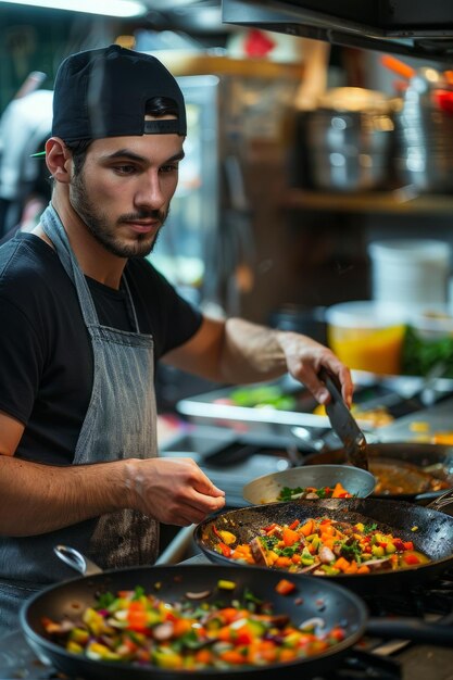 Photo young male chef cooking in a commercial kitchen