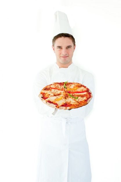 Young male cook smell at pizza with closed eyes 