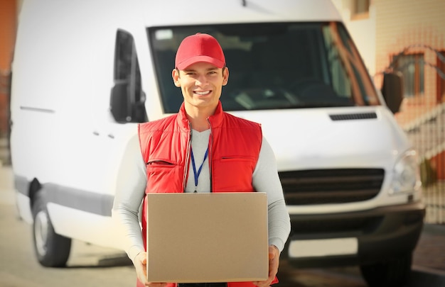 Young male courier with parcel outdoor