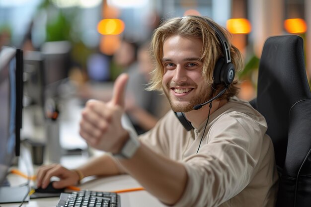 Young male customer service smiling operator with thumb up