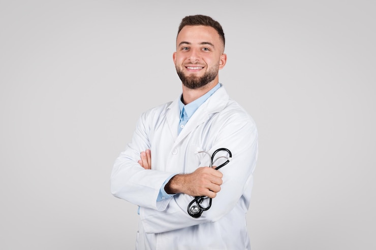 Photo young male doctor smiling with crossed arms over grey background