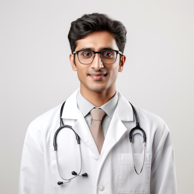 Young male doctor in uniform with stethoscope standing on white background