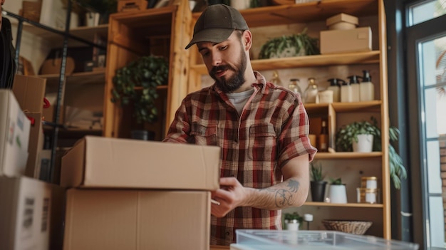 オンラインで製品を販売する若い男性起業家 顧客に送るためのパッケージボックスを準備する 電子商取引事業を行うビジネスマンのコンセプト