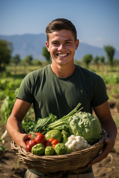 Foto giovane contadino con un cesto di verdure fresche