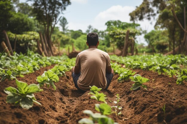 Young male farmer sitting in field on farm view from behind