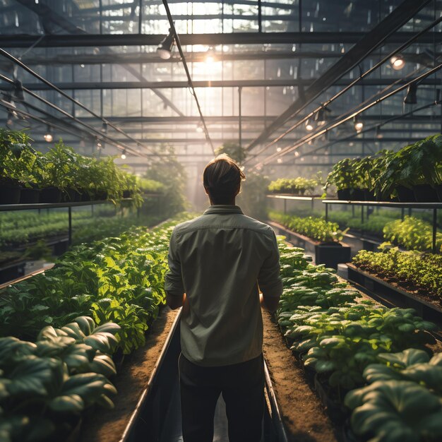 Young male farmer standing in a greenhouse full of lush green plants