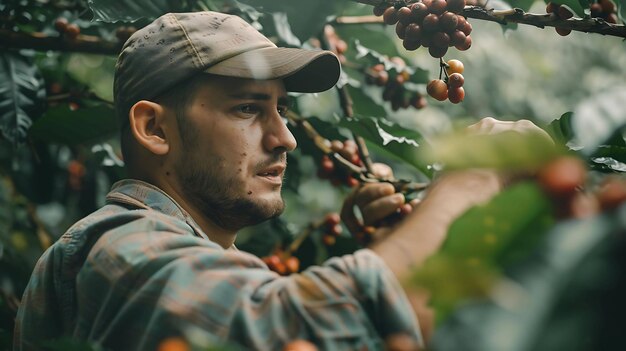 Photo a young male farmer wearing a cap is inspecting coffee cherries on a coffee tree