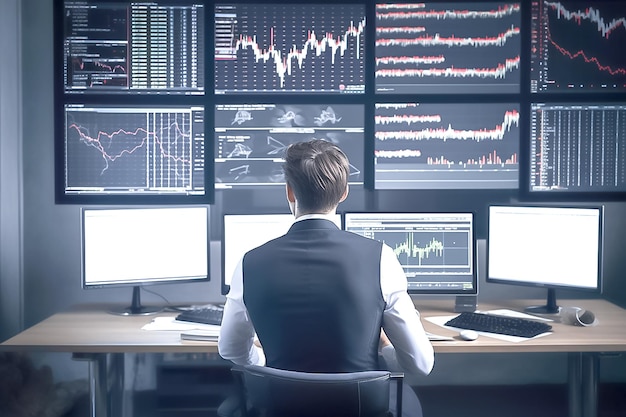 A young male financial analyst analyzes graphs on a monitor sitting at a desk in the office