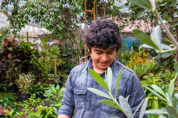 温室中小企業の起業家の概念で植物を育てる若い男性の庭の所有者