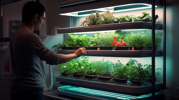 young male gardener in gloves taking a tray with a fresh green plant inside it