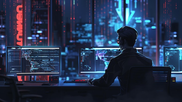 A young male hacker sits in a dark room surrounded by computer screens