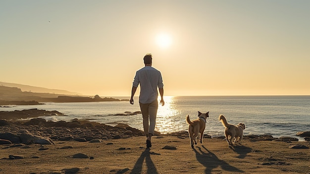 ビーチの海岸線で犬と朝の散歩で良い時間を過ごす若い男性