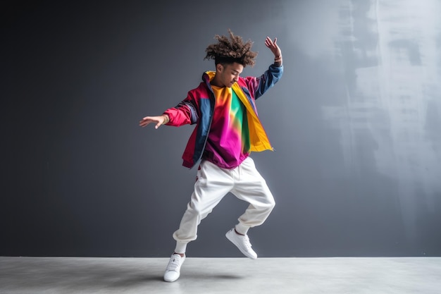 Young male hip hop dancer dancing in front of grey wall in colorful clothes