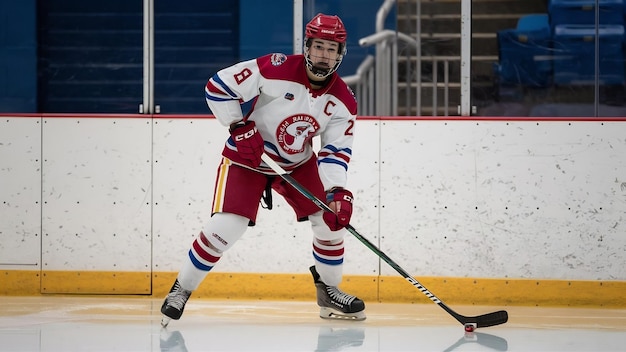 Young male hockey player with the stick on ice court and white wall