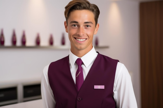 Photo young male hotel employee with brown hair and brown eyes wearing a purple vest and tie