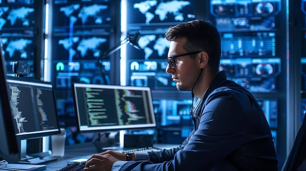 A young male IT specialist is working on a computer in a server room He is wearing a suit and glasses and is typing on a keyboard