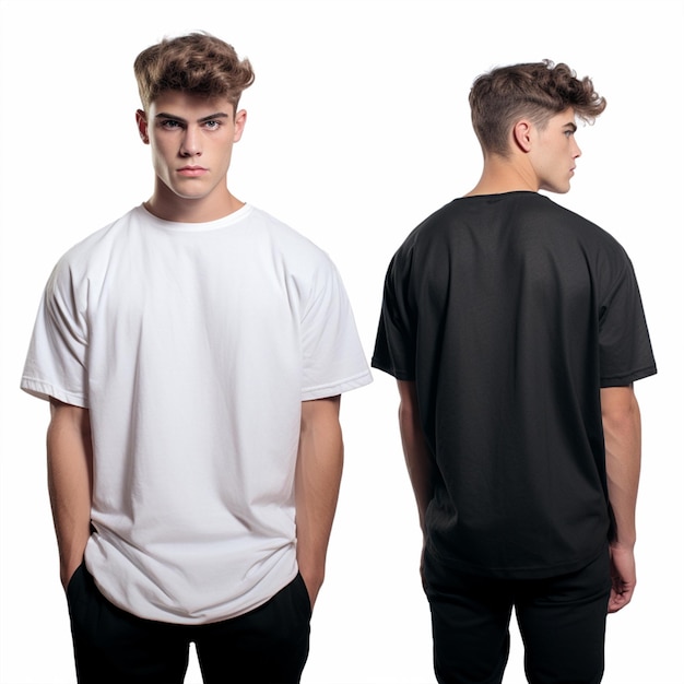 Photo young male model wearing a white background tshirt front and back view