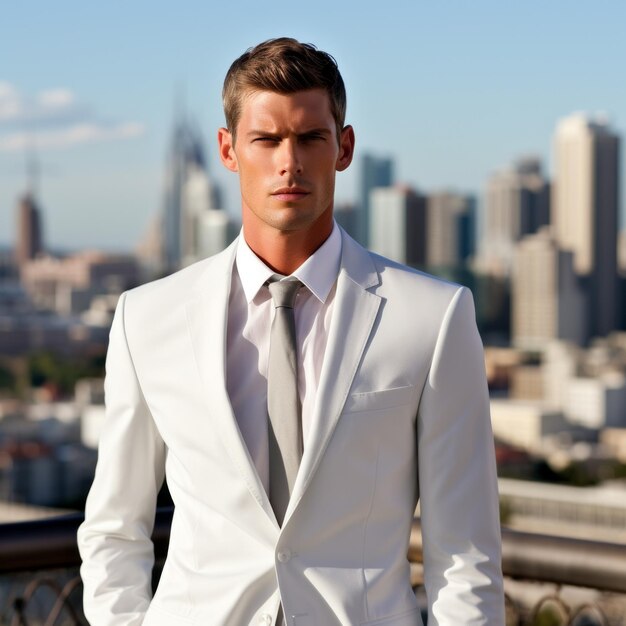 A young male model in a white suit standing on a rooftop in a city