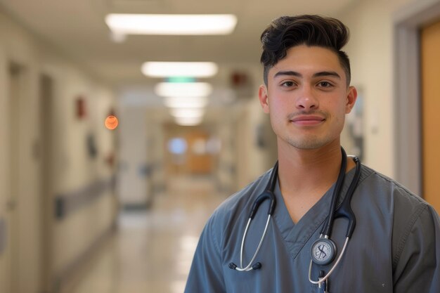 A young male nurse stands in the hospital corridor demonstrating professionalism and compassion in