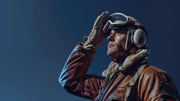 Photo a young male pilot in a vintage leather flight jacket and goggles looks up at the sky saluting