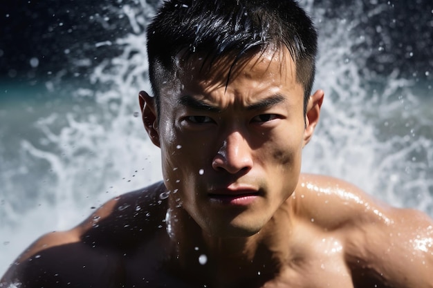 Young male professional muscular swimmer man swimming front view closeup water splash portrait