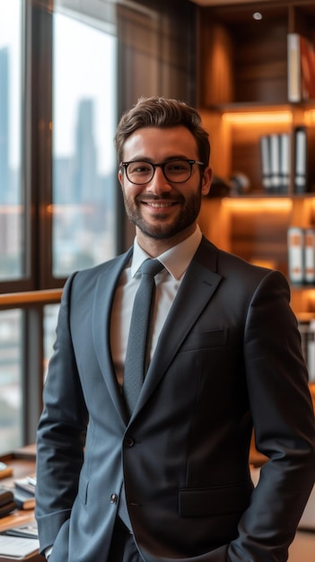 Photo a young male professional wearing a suit and tie smiles in an office setting