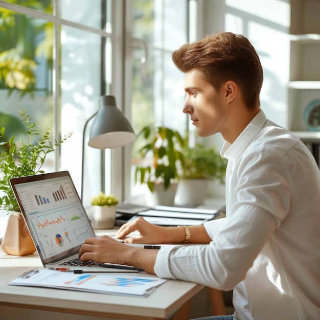 Young male professional working on laptop in home office