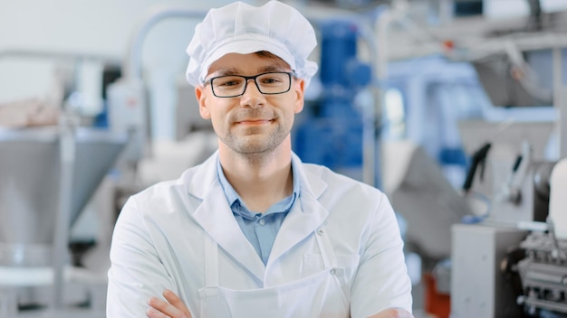young male quality supervisor or technician in glasses is working on a food factory employee looks and smiles at camera he wears a white sanitary hat and work robe