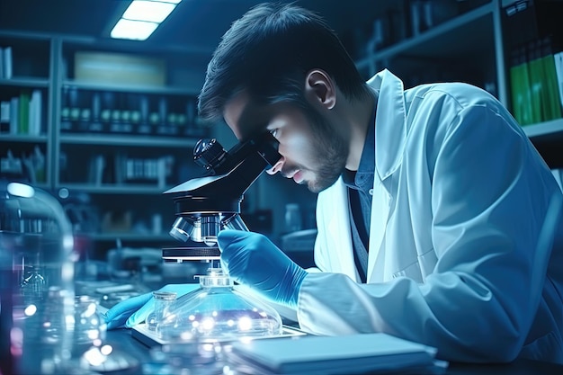 A young male researcher is working in a laboratory of a research institute Creation of innovative medicines and vaccines