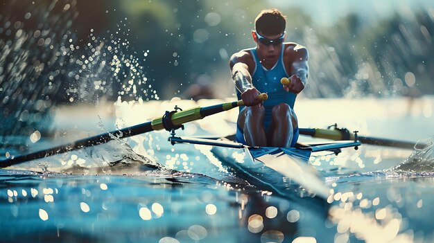 Photo a young male rower sculling a racing boat on a lake the rower is wearing a blue singlet and sunglasses