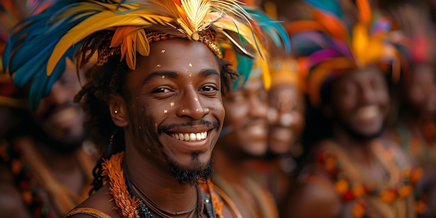 다채로운 의상을 입은 젊은 남성 바 댄서들이 리오데자네이로의 카니발 축제에서 공연을 하고 있다.