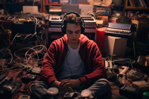 Photo young male sits on the floor of a cluttered room filled with electronic equipment