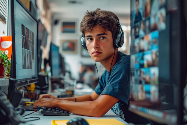 Photo young male software engineer working on a project in an office