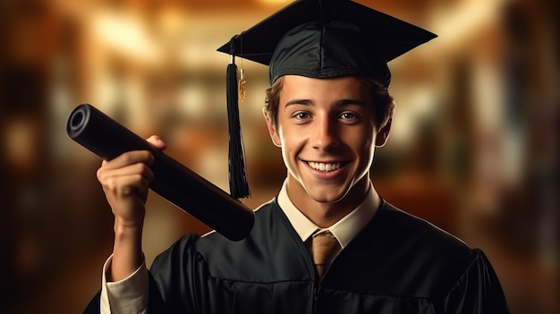 Photo young male student dressed in black graduation gown campus as a background boy cheerfully smiling holding diploma and looking at camera