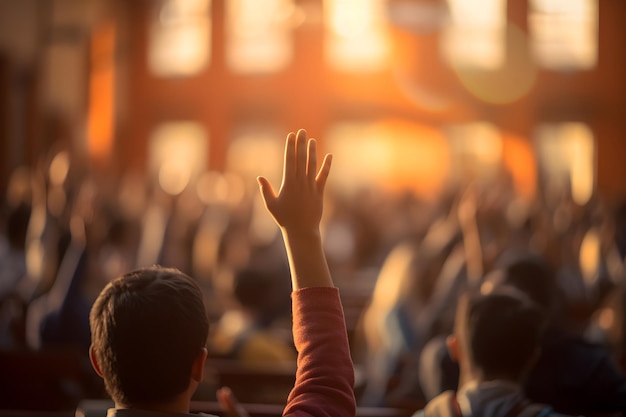 Young Male Student Participating Raising Hand at Seminar Event