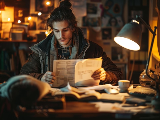 Foto giovane studente che studia a tarda notte in una stanza scarsamente illuminata