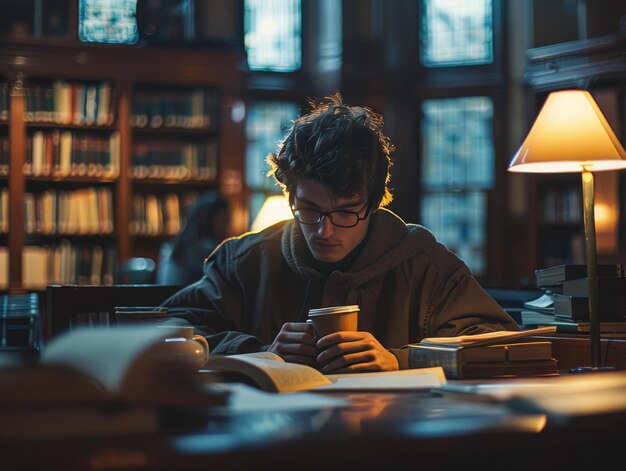 図書館で勉強している若い男性学生