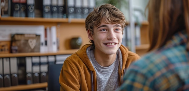 Young male student with a cheerful expression in the library