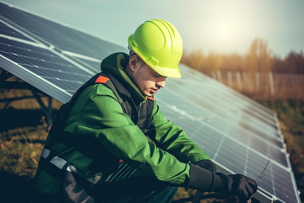 Young male technician worker wearing green vests and helmet checks the maintenance of the solar panels