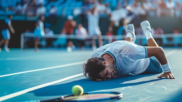 Photo young male tennis player falls to the ground in exhaustion after winning a match