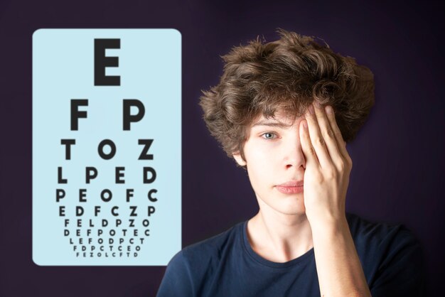 Photo young male test eye vision and cover eye with hand b