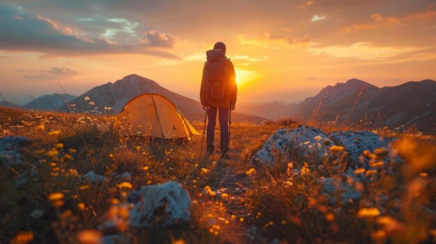 Photo young male tourist experiencing tranquility while camping in mountainous landscape at sunset