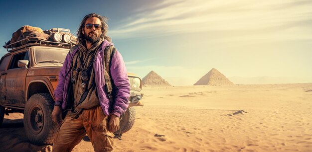 Young male traveler stands near his SUV Sunset in the sandy desert of Egypt travel and adventure