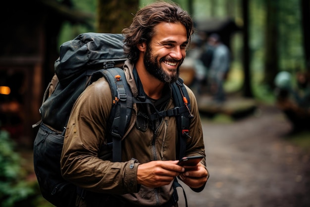 写真 大きなバックパックを持った若い男性旅行者は手にスマートフォンを持ってハイキングしナビゲーションをチェックしています