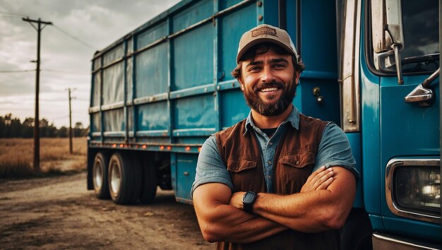 Foto giovane camionista maschio in piedi davanti al suo camion braccia incrociate sorridendo alla telecamera barbuto